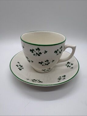 White Ceramic Teacup & Saucer with Green Shamrock Pattern Carrigaline